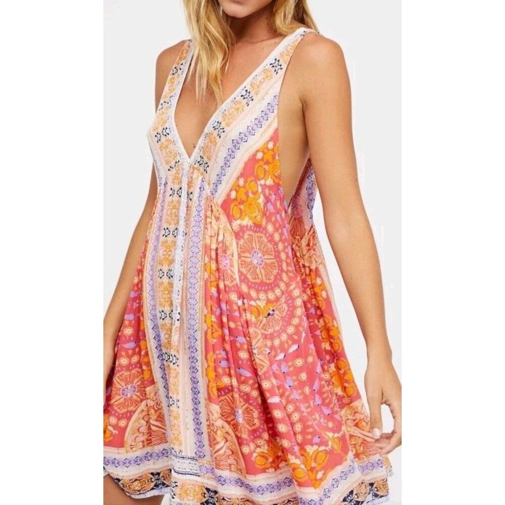 Free People Dress Sz S Plunging V-neckline Handkerchief Hem Floral Print EUC - Picture 14 of 15